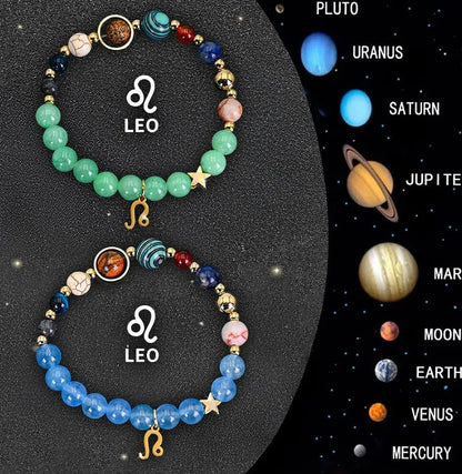 Two adjustable zodiac bracelets with natural stone beads and stainless steel charms showing 18-22cm circumference