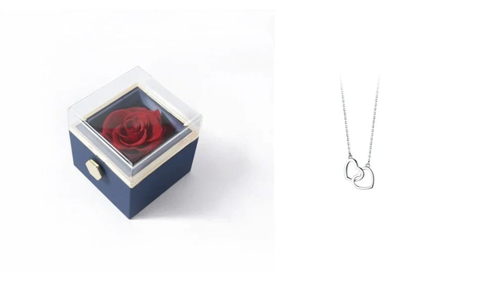 Acrylic rotating rose jewelry box in sapphire blue, 10cm diameter with three-layer storage and carrying bag
