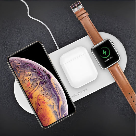 Black and white three-in-one desktop wireless charger for Apple iPhone, Watch, and headphones.