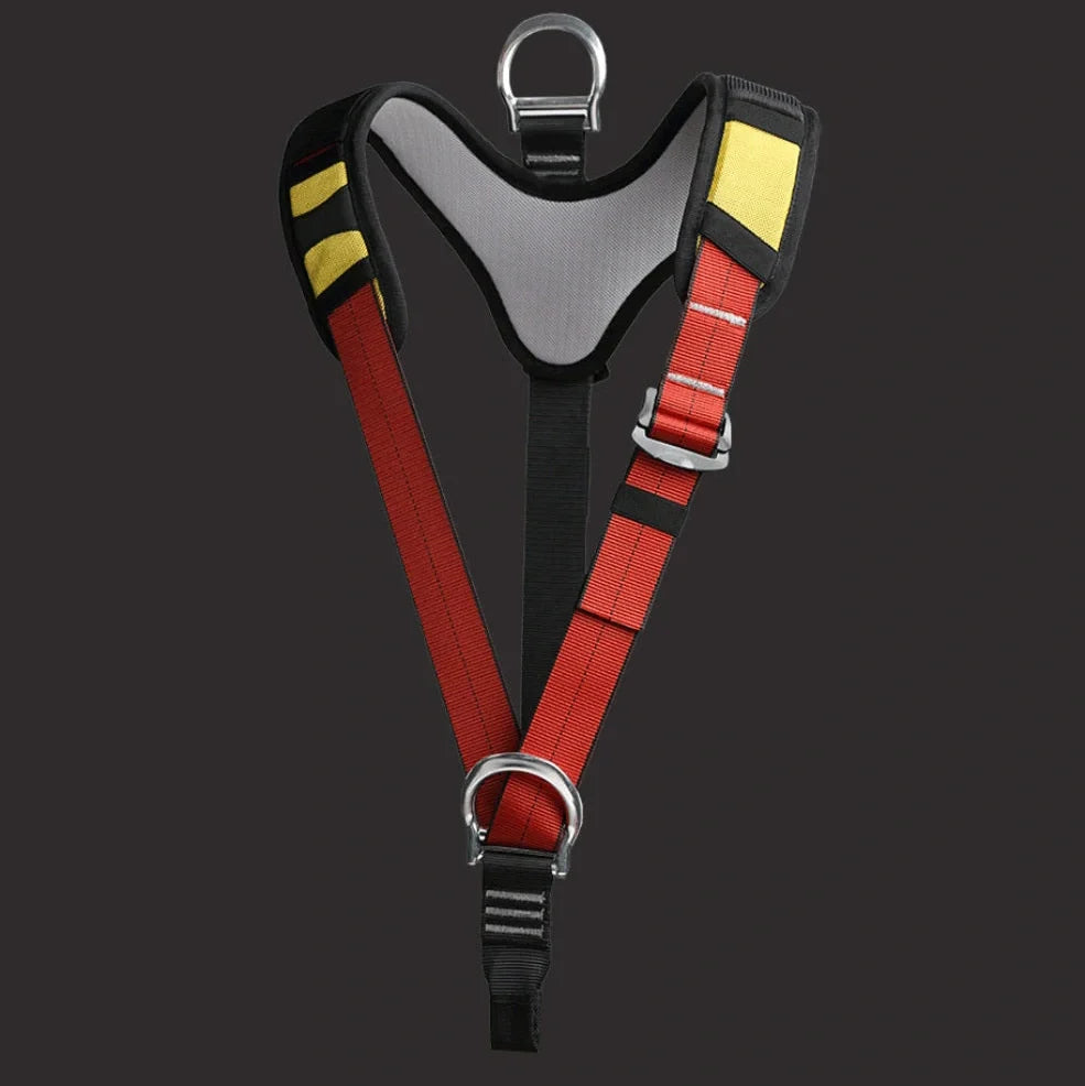 Red outdoor rescue seat belt for caving with reinforced stitching and polyester-silk blend material
