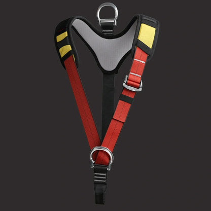 Red outdoor rescue seat belt for caving with reinforced stitching and polyester-silk blend material