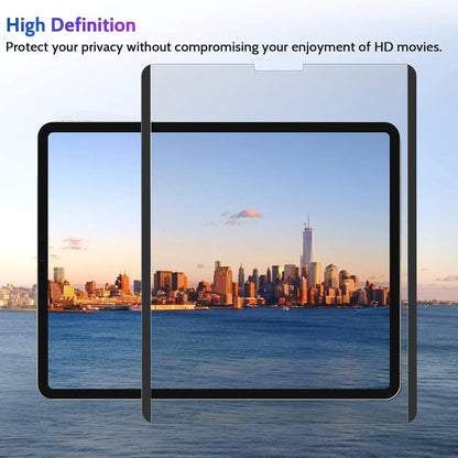 Magnetic suction anti-peeping film for iPad with paper-like texture and storage clip, showing 30-degree privacy angle