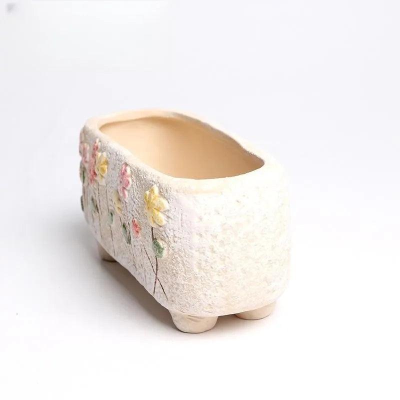Small rectangular ceramic flower pot with hand-painted design for succulents and bonsai plants