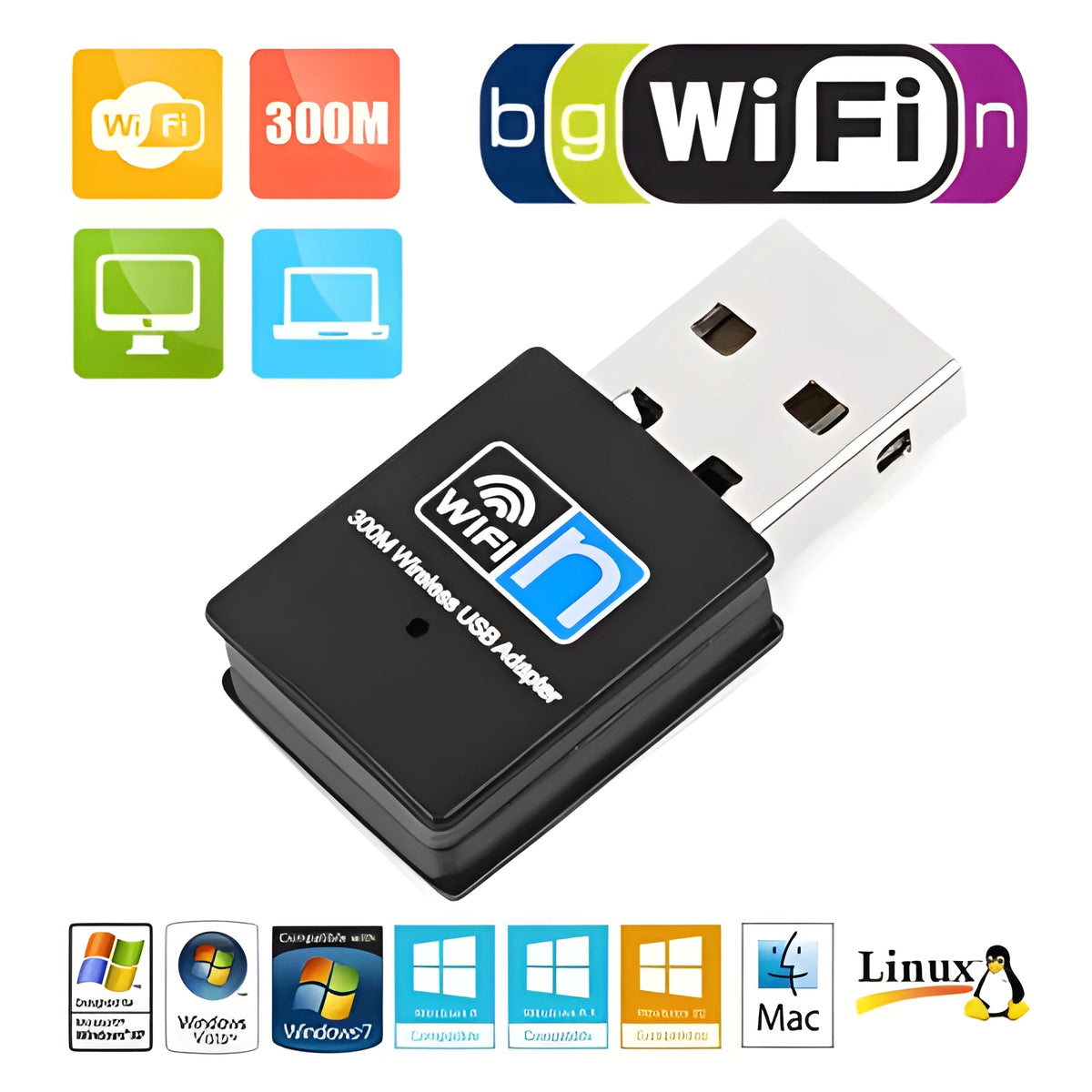 Mini USB WiFi receiver 300M network card with RTL8192EU chip, black plastic and metal, 3.3 x 1.5 x 0.7cm