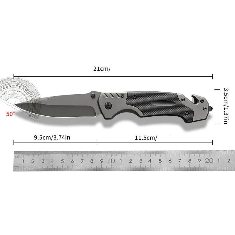 Alloy folding knife with a 115mm handle, shown in open position.