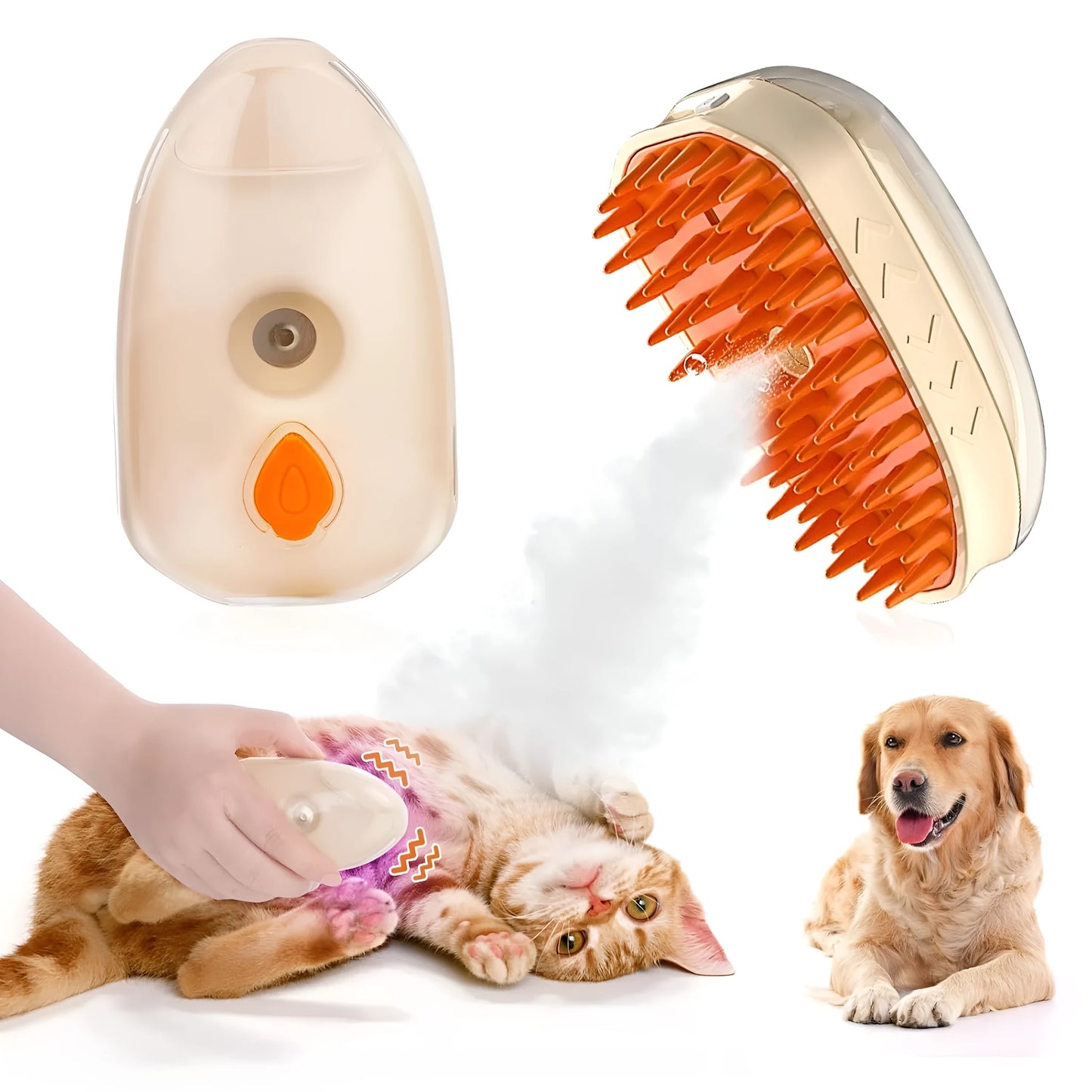 Yellow cat steam brush with silicone teeth, water spray, and ringworm detector lamp for pet grooming