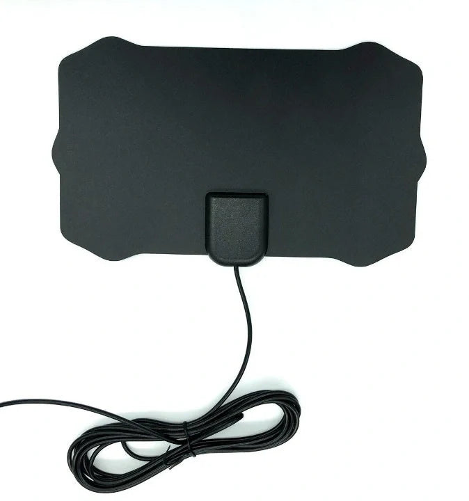 Compact HD digital TV antenna with adhesive back for easy installation and 80-mile range.