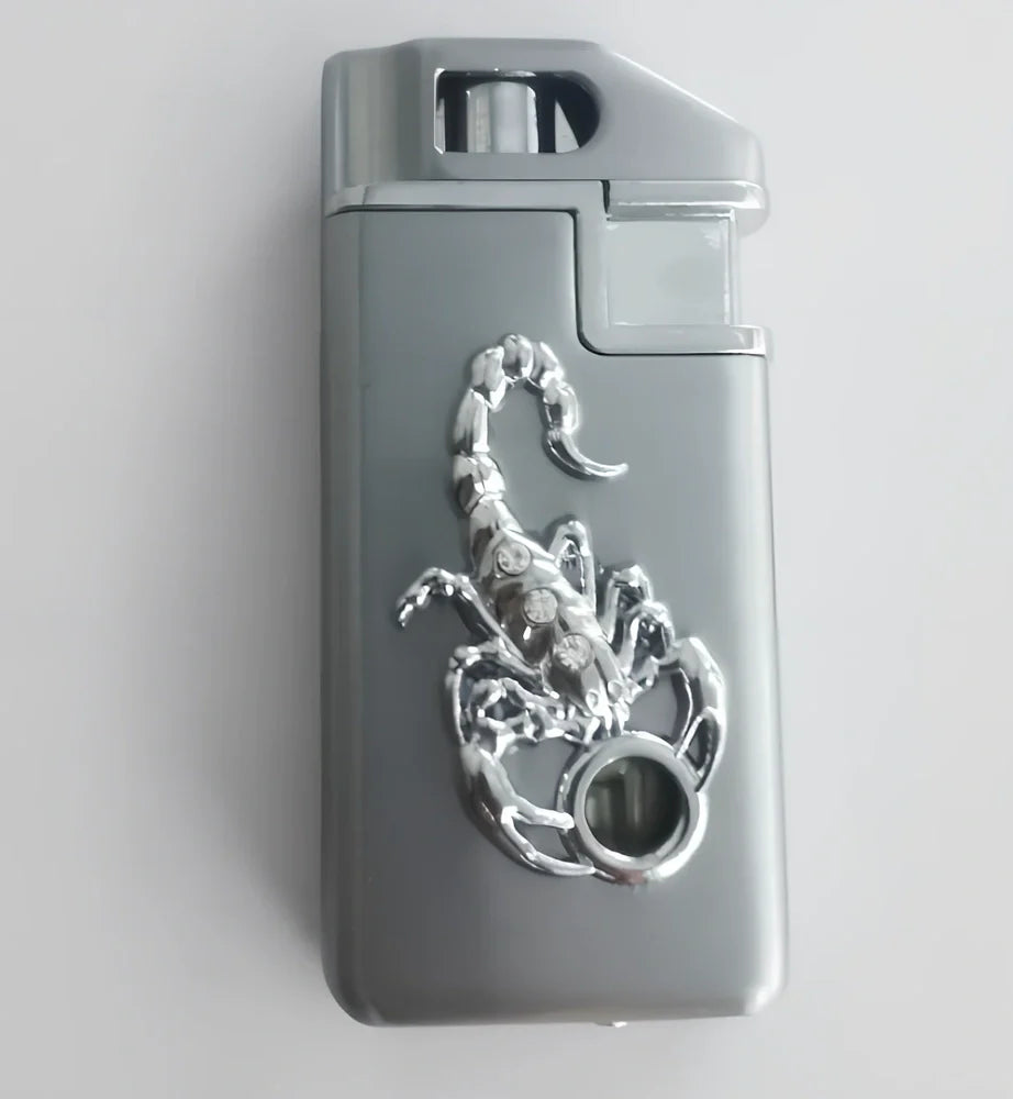 Scorpion Chip Gas Lighter with zinc alloy housing in gold or silver finish, 65mm length