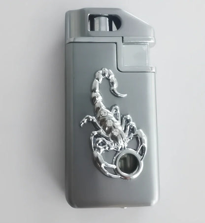 Scorpion Chip Gas Lighter with zinc alloy housing in gold or silver finish, 65mm length