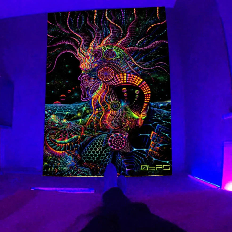 Fluorescent landscape tapestry in multiple colours and sizes with glowing UV effects