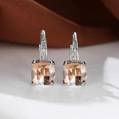 Square zircon inlaid ear hook earrings with geometric design and electroplated finish in golden tone