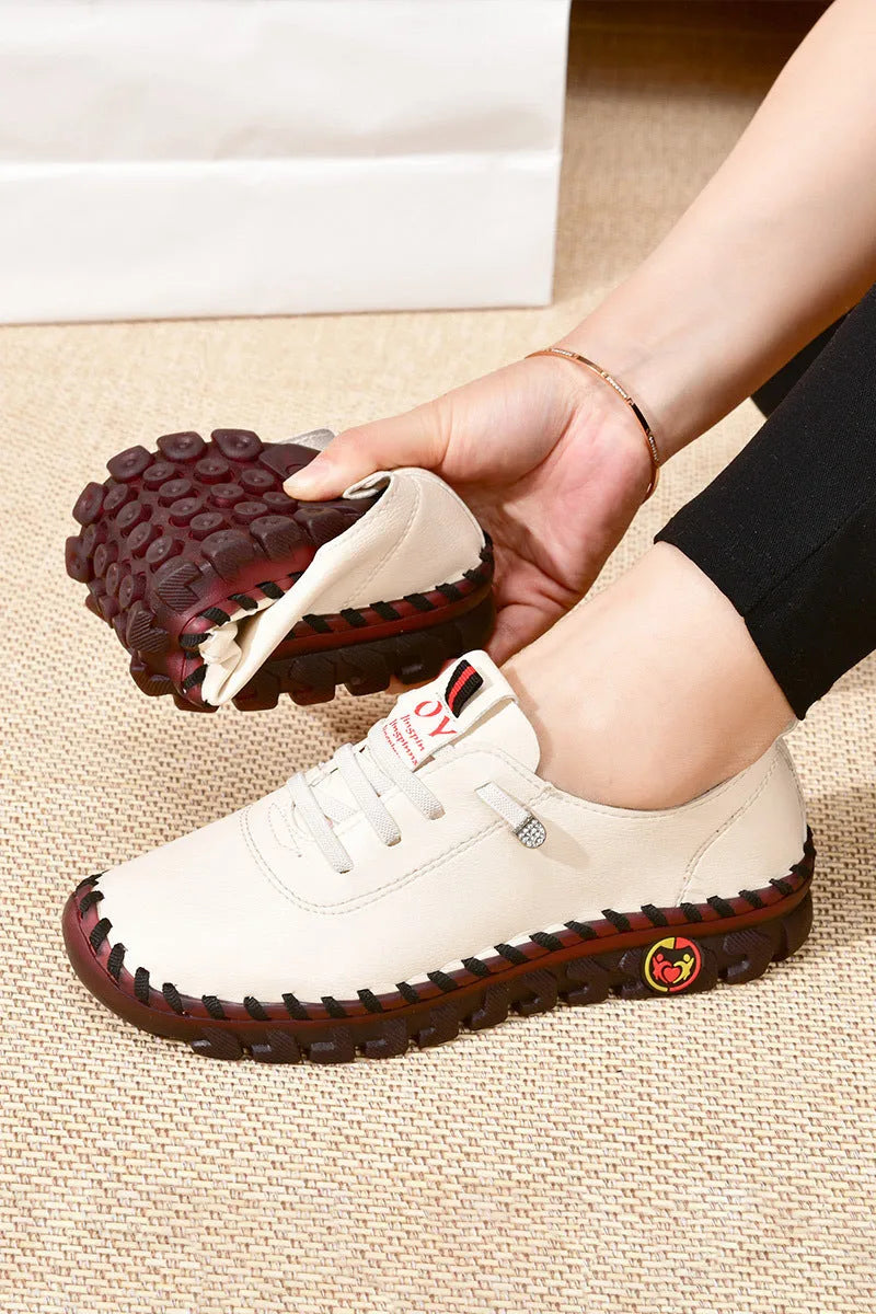 Women's handmade soft sole shoes with microfiber upper, round toe, 3-5cm heel, in black, white, red, or brown.
