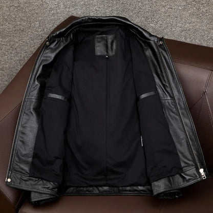 Man's black loose fit lapel PU leather jacket with a side seam pocket on a hanger.