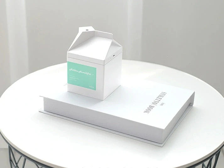 White milk carton shaped USB humidifier with 260ml capacity measuring 75mm x 75mm x 113mm