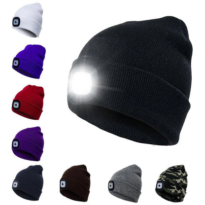LED knit hat with glowing light for nighttime visibility and warmth