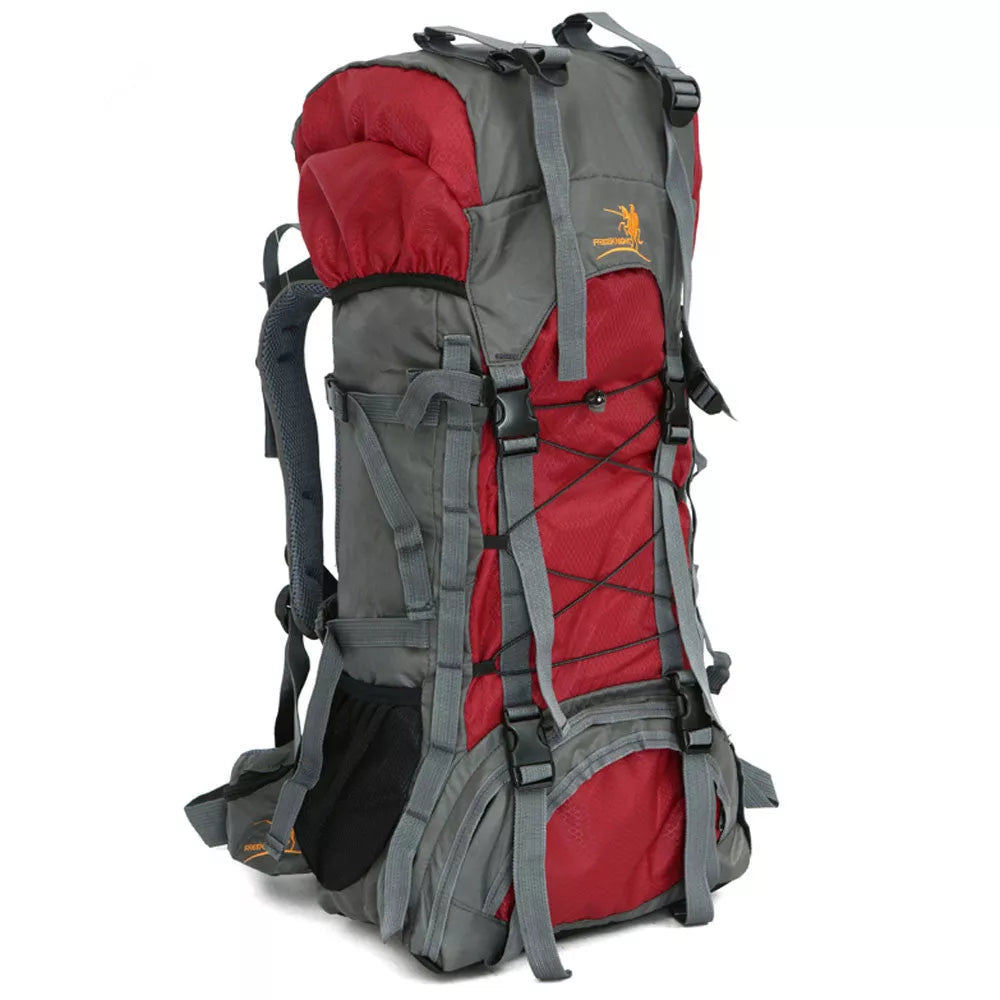 Extra Large Outdoor 60L Travel Backpack with external storage and waist bags