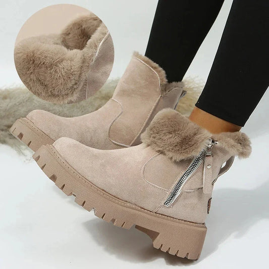 Women's Foldable Plush Tube Snow Boots in black and khaki with round toe and platform