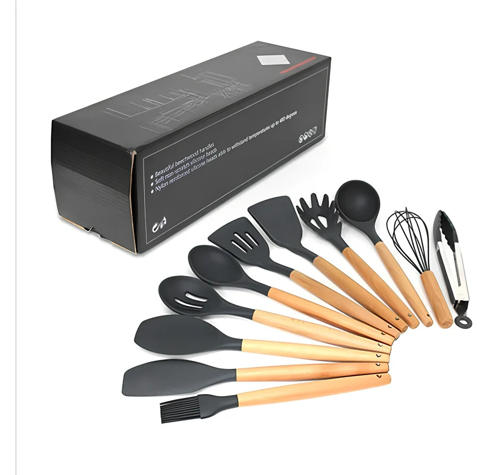 11-piece silicone kitchen utensil set with beech wood handles including cooking spoons and shovels