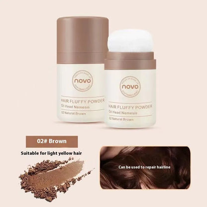 Mattifying oil control face powder container for hair bangs and hairline.