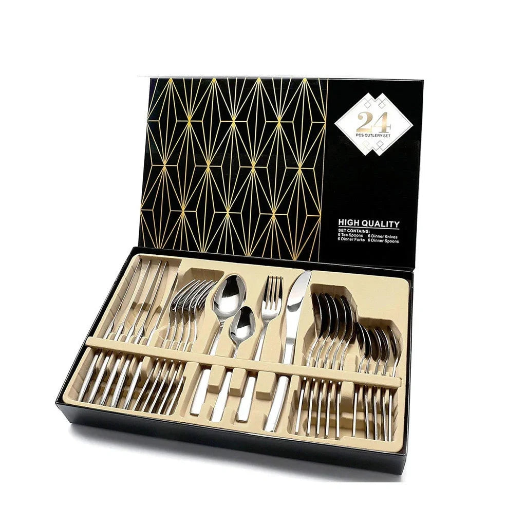 24-piece rice husk flatware set with dinner knives, forks, and spoons in gift box