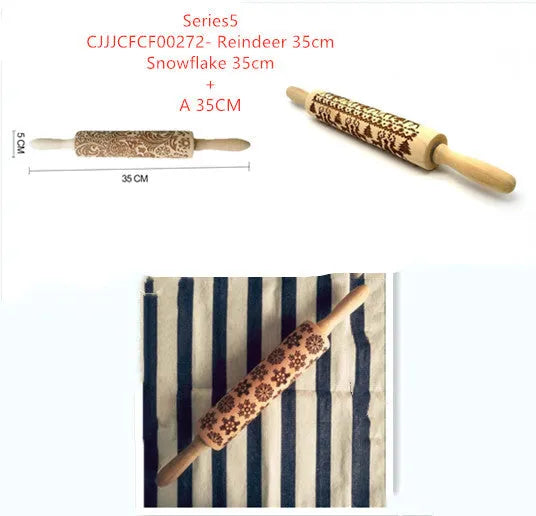 Wooden rolling pin with engraved Christmas patterns including reindeer and snowflakes on a 45cm long barrel.