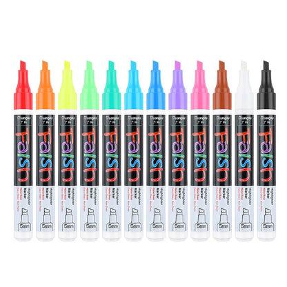 Electronic fluorescent plate highlighter with 6mm tip, plastic shell, and oblique shape for comfortable use.