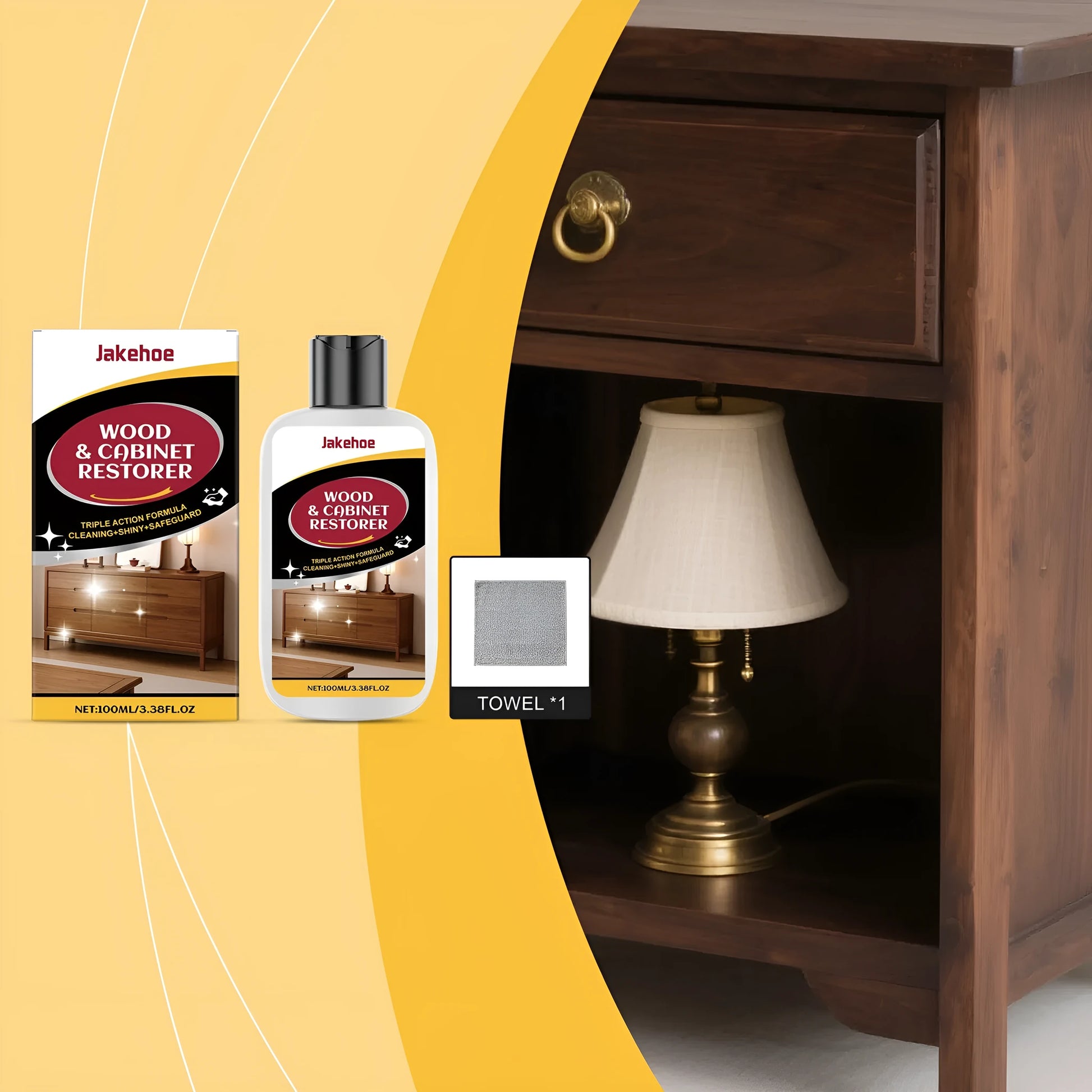 100ml wooden furniture scratch care agent bottle and white microfibre polishing towel on a wooden table.
