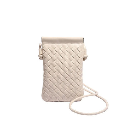Vertical square vintage weave crossbody bag in multiple colours showing internal dark cell phone pocket.