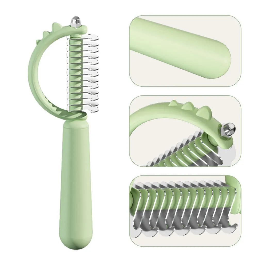 Blue dinosaur-shaped self-cleaning slicker brush for pet grooming on white background