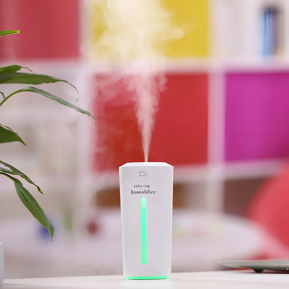 Mini USB humidifier with transparent water tank showing 7-colour LED illumination
