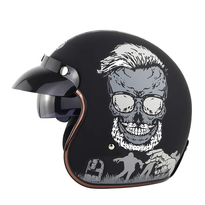 Retro-style motorcycle half helmet in ABS construction showing colour options and size range from S to XXL