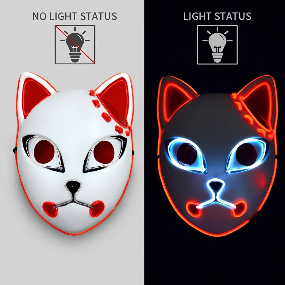 Pink LED cat face mask with transparent blue accents and lighting effects