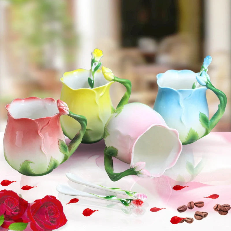 Hand-painted rose ceramic coffee mug with spoon, 320ml capacity, enamel porcelain material