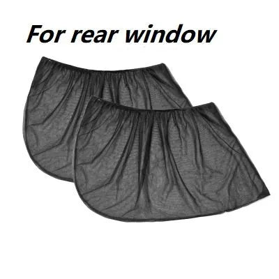 Stretch-fit mesh sunshades installed on a car's front and rear side windows for sun and insect protection.