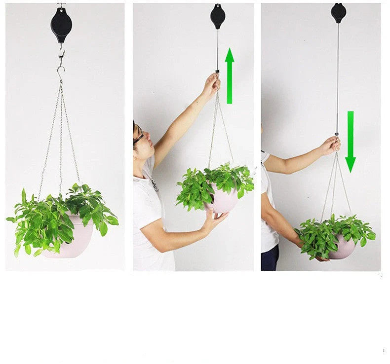 Adjustable hanging hook with pulley system for bird cages and baskets