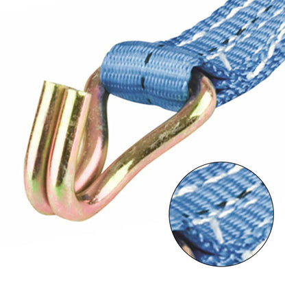 Heavy duty steel ratchet tensioner strap with double hooks and polyester webbing for cargo securing.