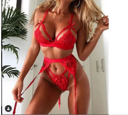 Red and white lace lingerie set for women with cute girl style design