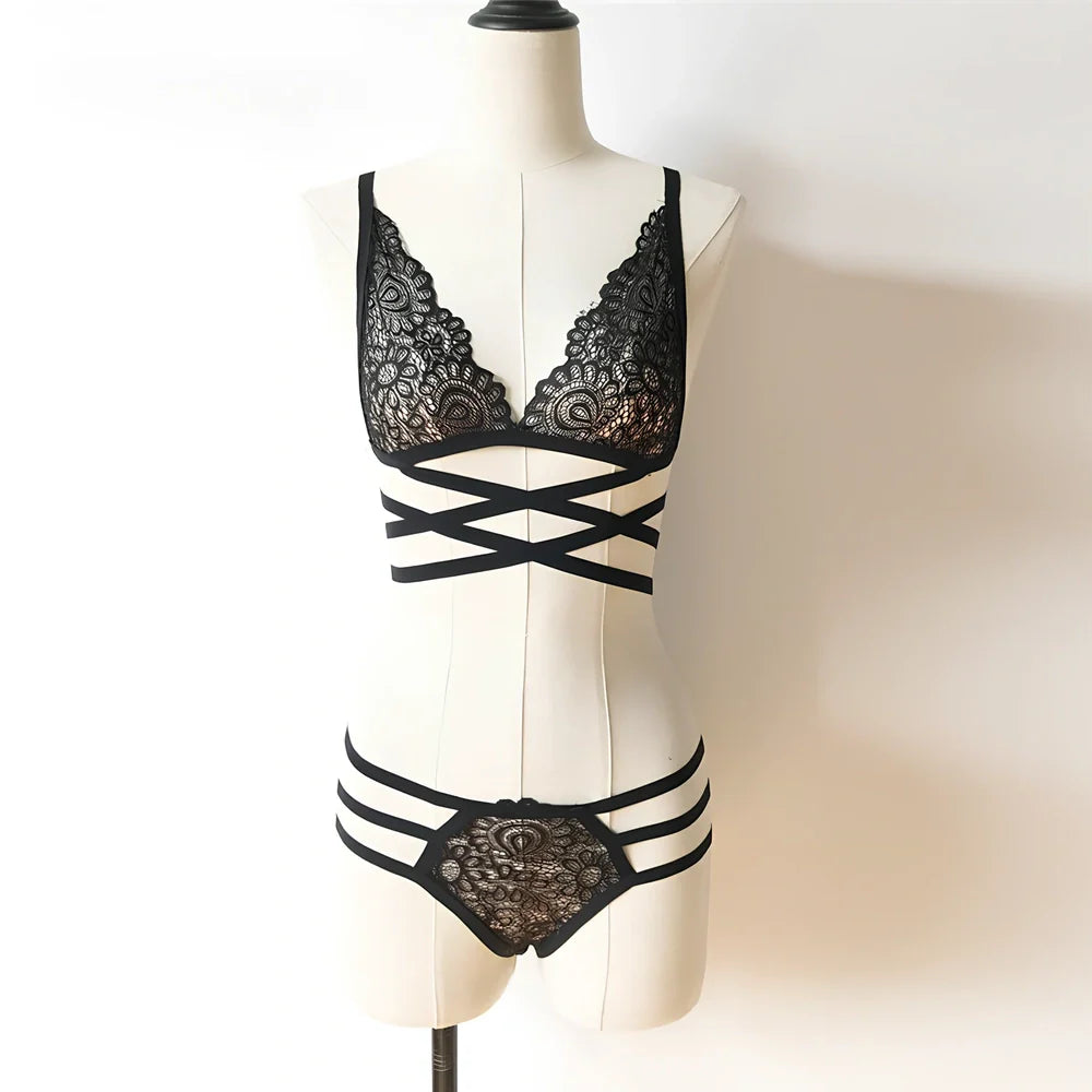 Women's full slip lingerie with lace hollow-out detailing and adjustable spandex chest support