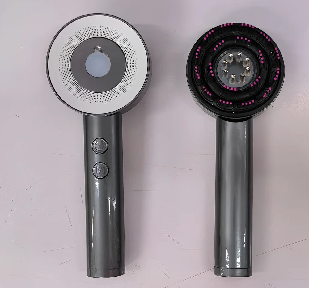 Fluffy comb scalp massager with infrared light therapy functions showing comb attachment and control buttons