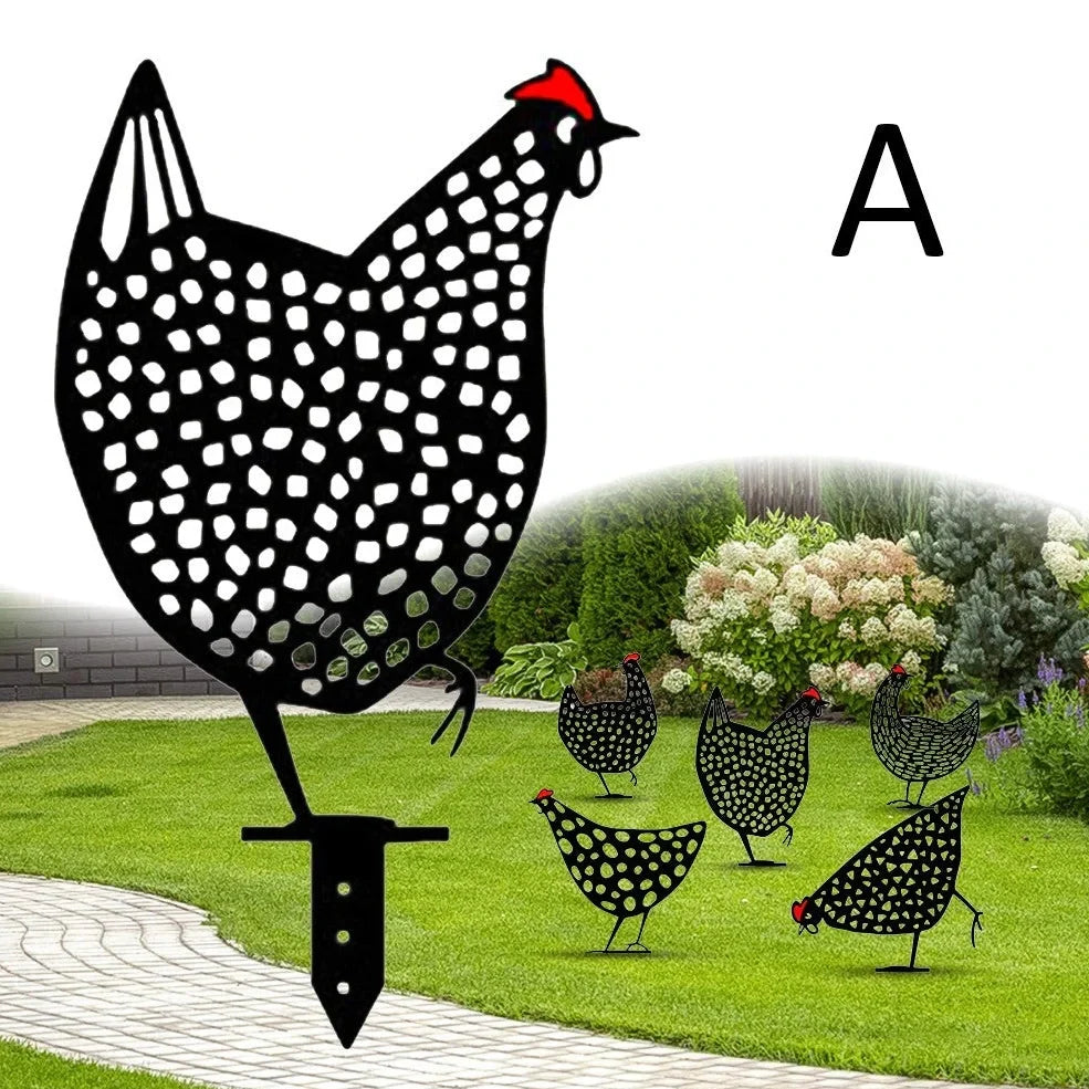 Set of powder-coated metal chicken yard art stakes, sizes 15-35 cm, with lifelike hen silhouettes for garden decor