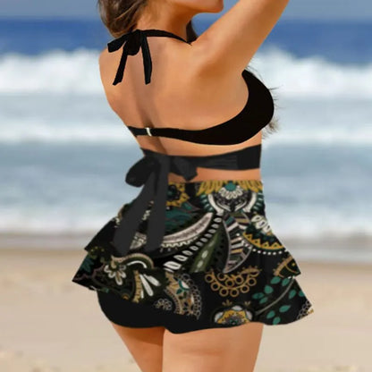 Purple and black women's high waist bikini set with lace-up top and separate swim skirt.