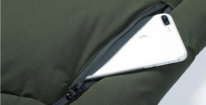 Electric heated down jacket with USB-powered heating system, available in grey, black, and army green colors, sizes M to 7XL