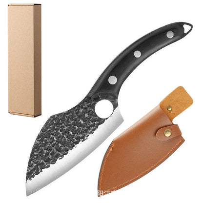 Rugged high-carbon steel outdoor folding knife with antique-inspired hammer pattern design and protective leather sheath