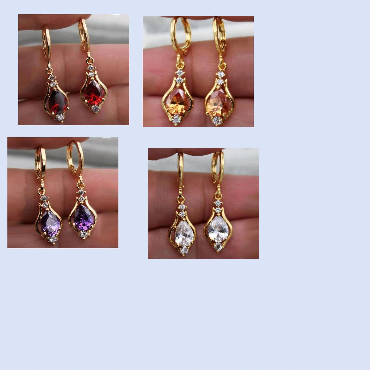 Elegant drop-shaped earrings with shimmering zircon accents in various colors, including purple, white, red, pink, and champagne