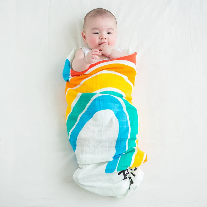 Cotton baby swaddle measuring 120x120cm with cartoon pattern in Rainbow colour option