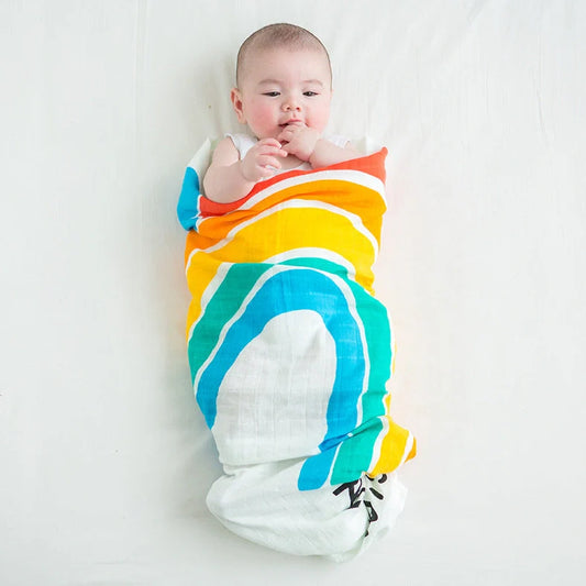 Cotton baby swaddle measuring 120x120cm with cartoon pattern in Rainbow colour option