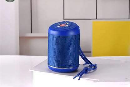 Portable outdoor Bluetooth subwoofer speaker in multiple colours showing button controls.