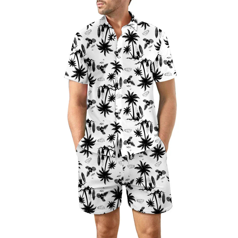 Stylish two-piece beach outfit with a relaxed button-up shirt and drawstring shorts in vibrant tropical prints