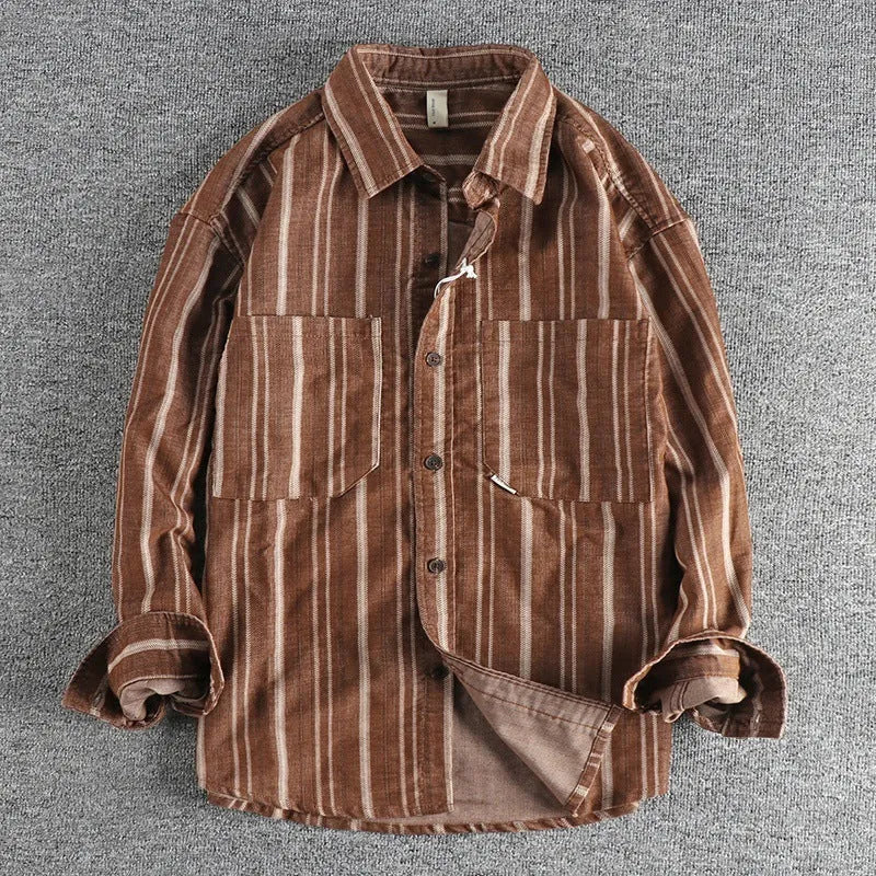 Men's vintage striped shirt with yarn-dyed fabric in loose Japanese retro style