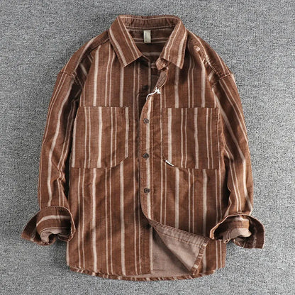 Men's vintage striped shirt with yarn-dyed fabric in loose Japanese retro style